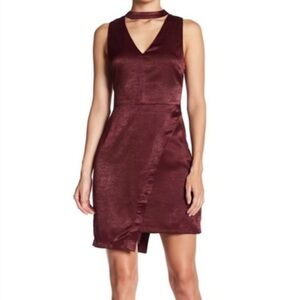 JOA Burgundy Wine Asymmetrical Mini Dress with Choker Neck Cocktail Party